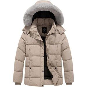 Women's Removable Hooded Warm Quilted Puffer Fur Jacket Coat Khaki Winter Warm